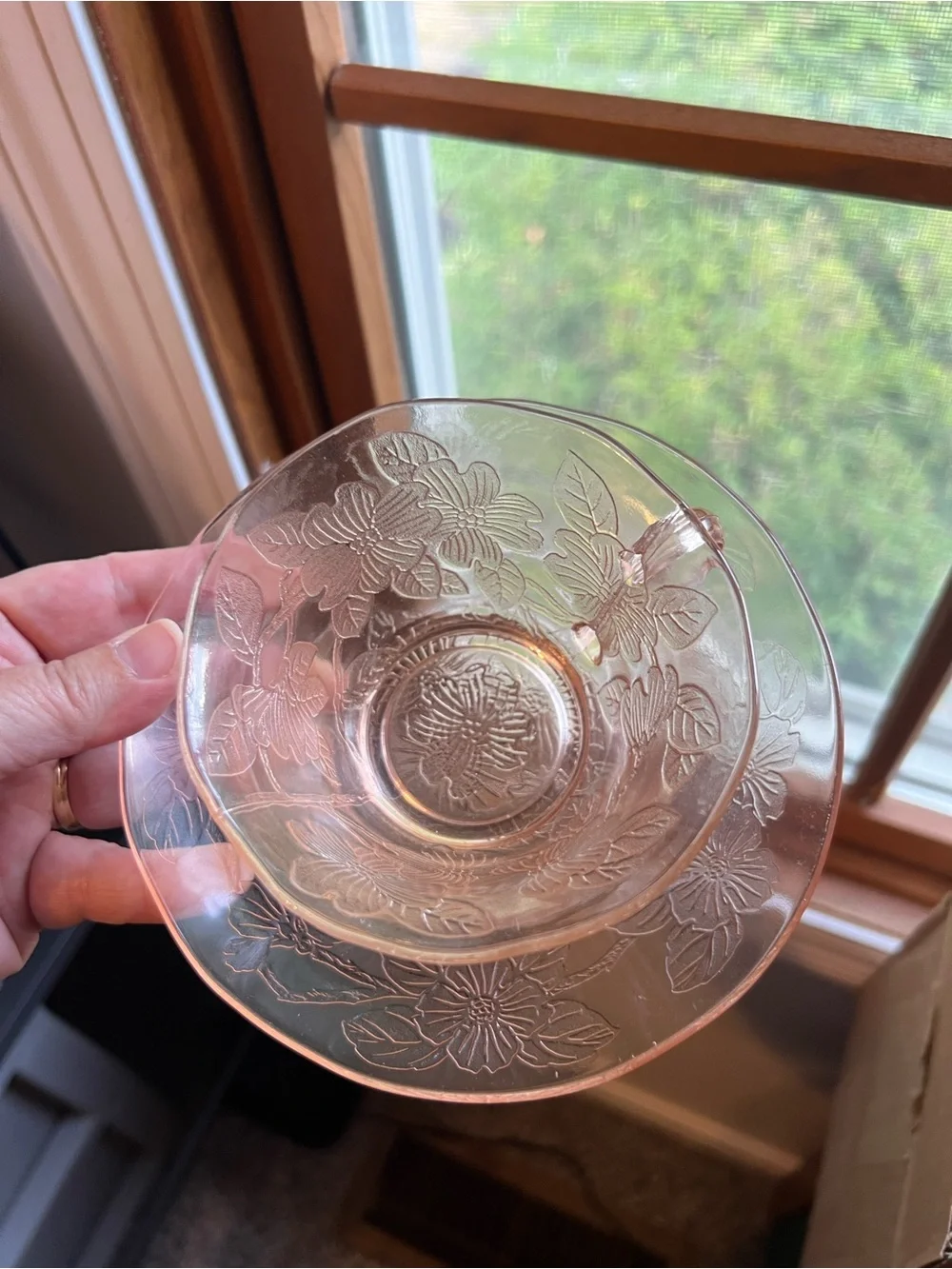 2 Dogwood Pink Depression Glass Teacup and Saucer Set